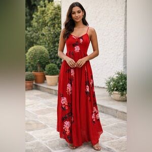 Free People Heat Wave Floral High Low Maxi Dress Red Smocked XS